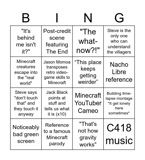 Minecraft Movie Bingo Card