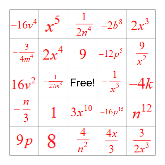 Exponent Bingo! Bingo Card