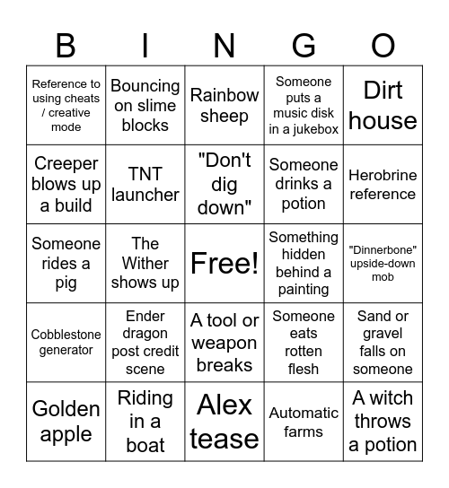 A Minecraft Movie Bingo Card