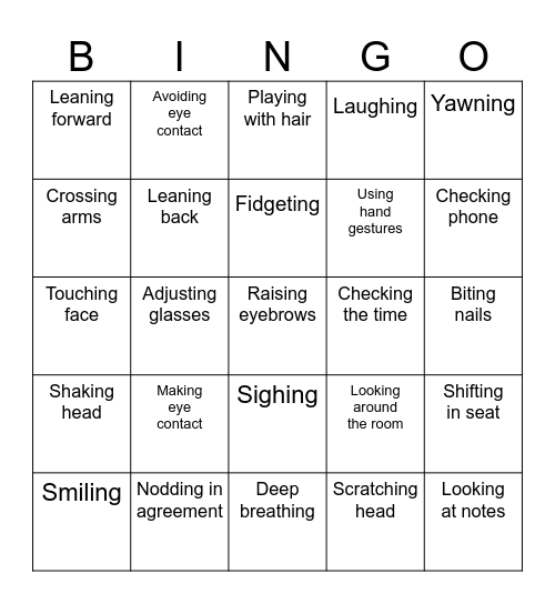 Body Language Bingo Card