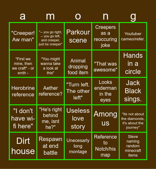 Minecraft the movie Bingo Card