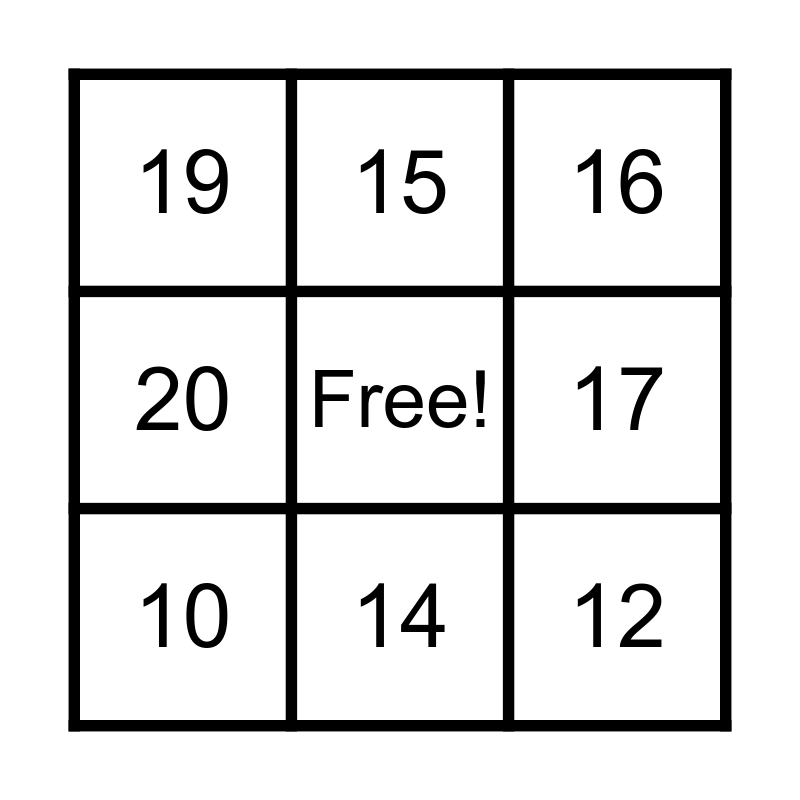 Ten and More Bingo Card