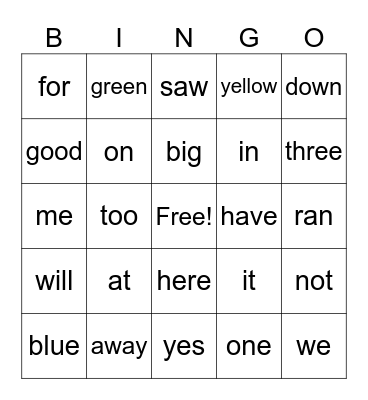 Sight Words Set 2 Bingo Card