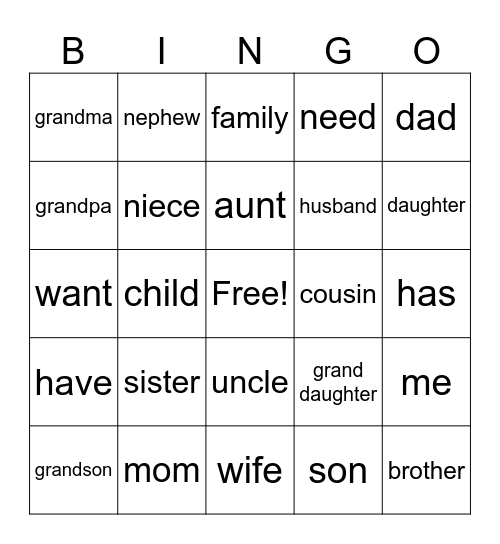 My Family Bingo Card
