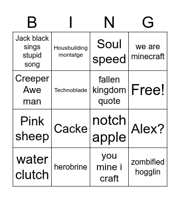 Minecraft movie bingo Card