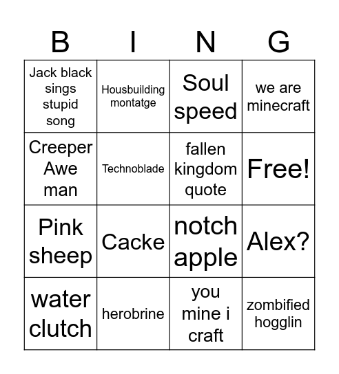 Minecraft movie bingo Card