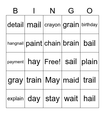 -ai and -ay Vowel Team Bingo Card