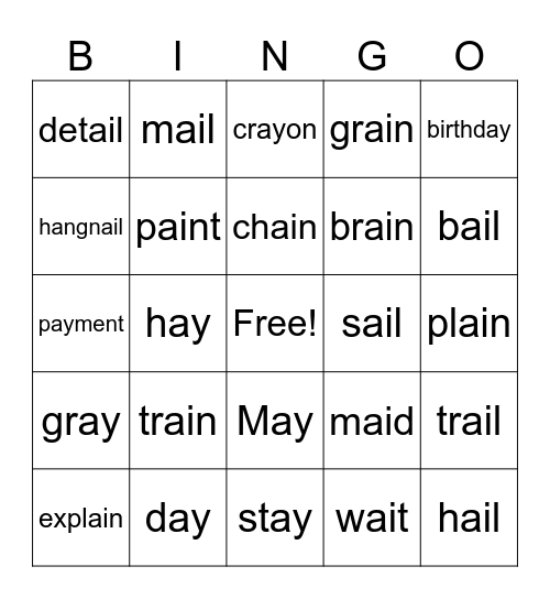 -ai and -ay Vowel Team Bingo Card