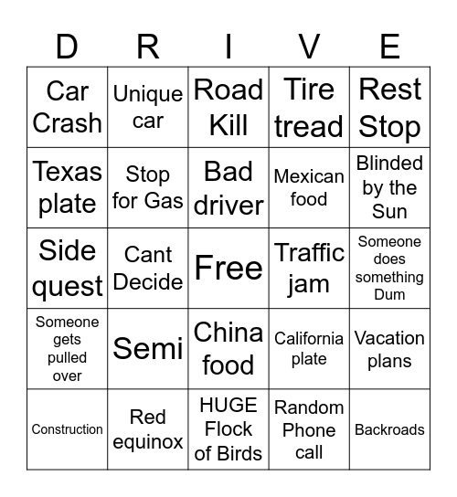 Road bingo Card