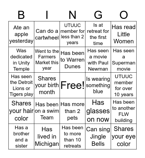 UTUUC 2016 All Congregational Retreat Bingo Card