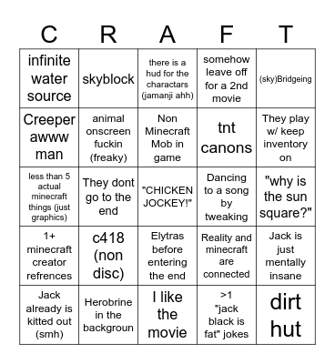 Minecraft Movie Bingo Card
