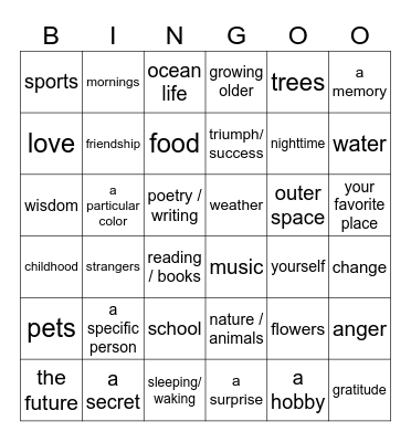 Poetry Topics Bingo Card