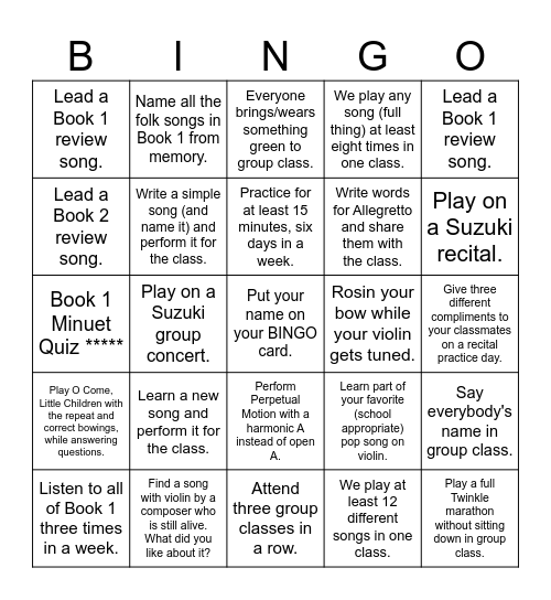 Group Class Spring BINGO Card