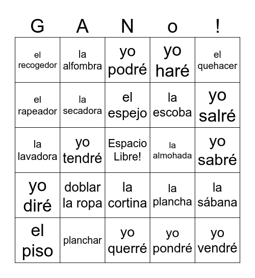 Spanish 2 Vocab 6A Bingo Card