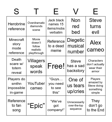 Minecraft movie bingo Card