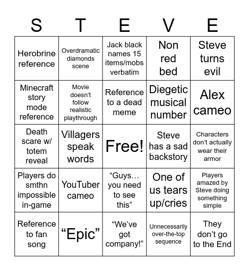 Minecraft movie bingo Card