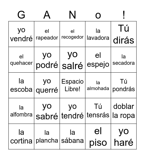Spanish 2 Vocab 6A Bingo Card