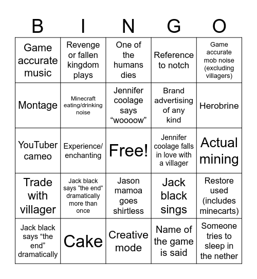 Minecraft movie bingo! Bingo Card