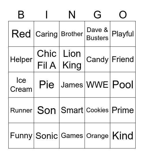 James’s Bingo Words Bingo Card