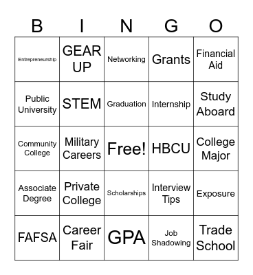 College and Career Bingo Card