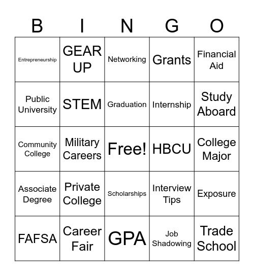 College and Career Bingo Card