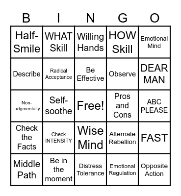 DBT Skills for Teens Bingo Card