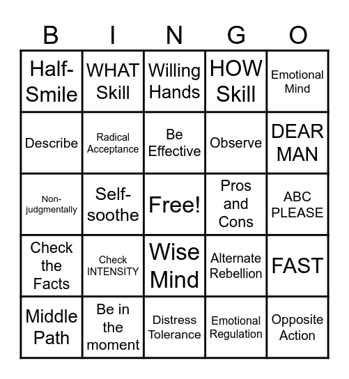 DBT Skills for Teens Bingo Card