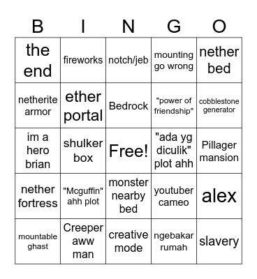 Minecraft movie bingo Card