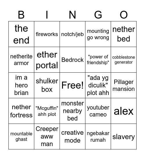 Minecraft movie bingo Card