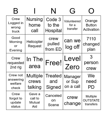 OUTSTATE 911 Bingo Card