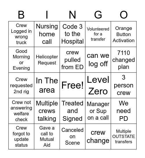 OUTSTATE 911 Bingo Card