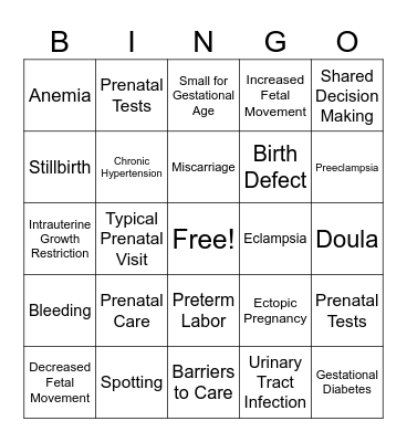 Prenatal Care Bingo Card