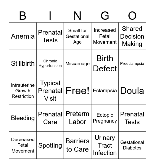 Prenatal Care Bingo Card