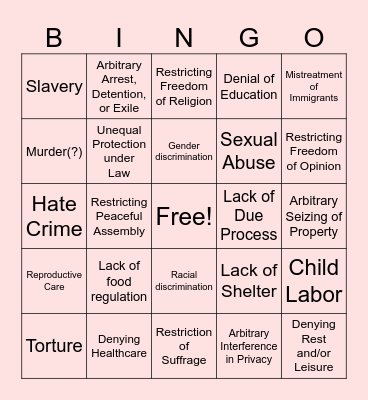Human Rights Violations Bingo Card