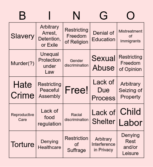 Human Rights Violations Bingo Card