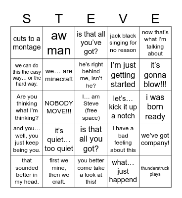 Minecraft Movie bingo Card