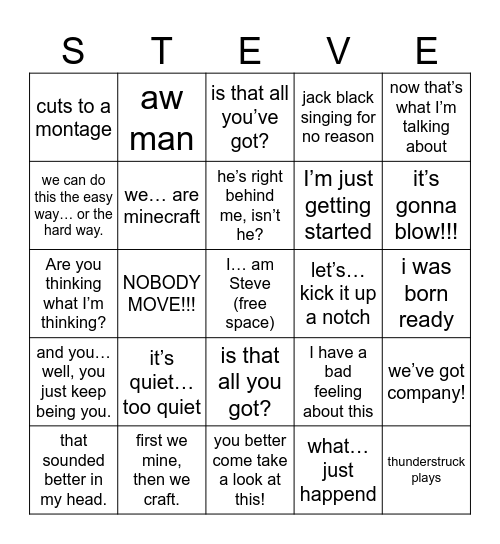 Minecraft Movie bingo Card