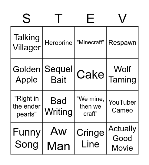 A MINECRAFT MOVIE: Bingo Card Bingo Card