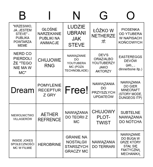 MINECRAFT FILM Bingo Card