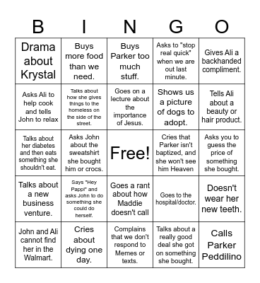 John's Mom BINGO Card