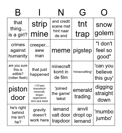 minecraft-film Bingo Card