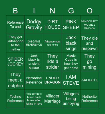 Minecraft Movie Predictions Bingo Card