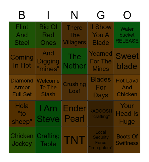 A Mincraft Movie Bingo Card