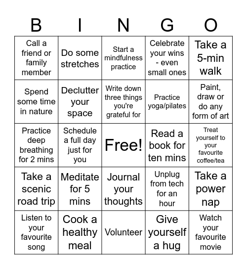 Stress Management Bingo Card