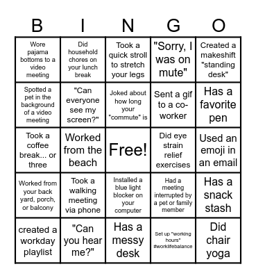 Remote Work Bingo Card