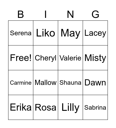 Pokemon Girls Bingo Card