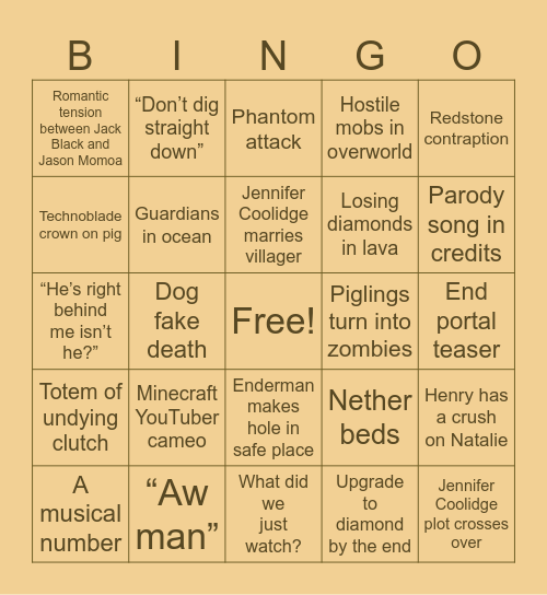 A Minecraft Movie Bingo Card Bingo Card