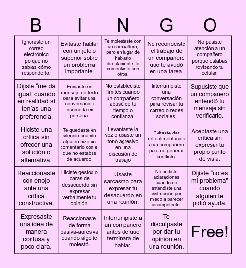 COMUNICACION POCO ASERTIVA Bingo Card