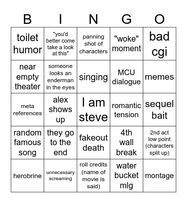 Minecraft movie bingo Card