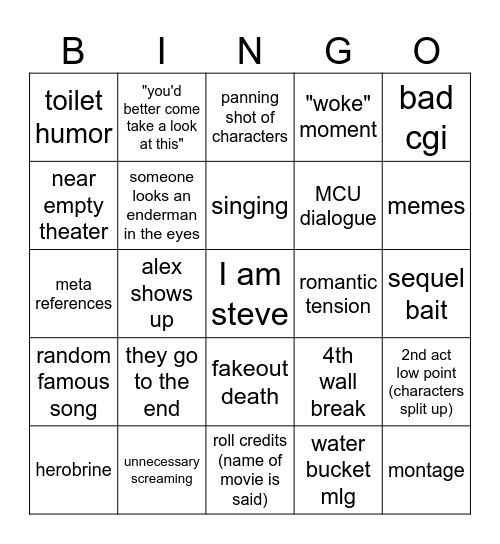 Minecraft movie bingo Card